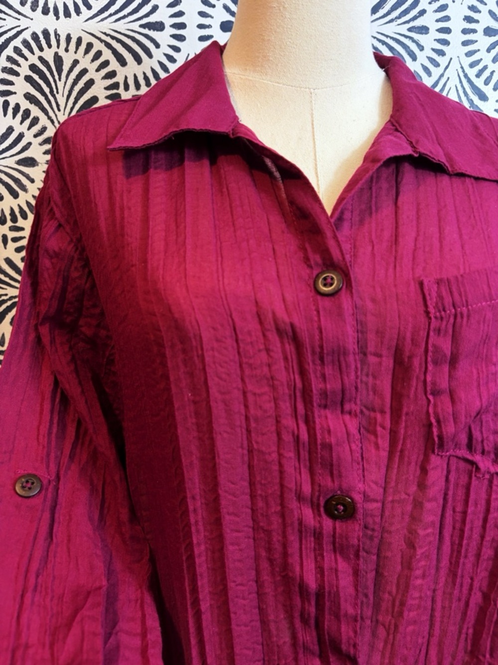 Mynah Gauzy Cotton Blend Crinkle Burgundy Button Down Shirt Roll Tab Sleeve